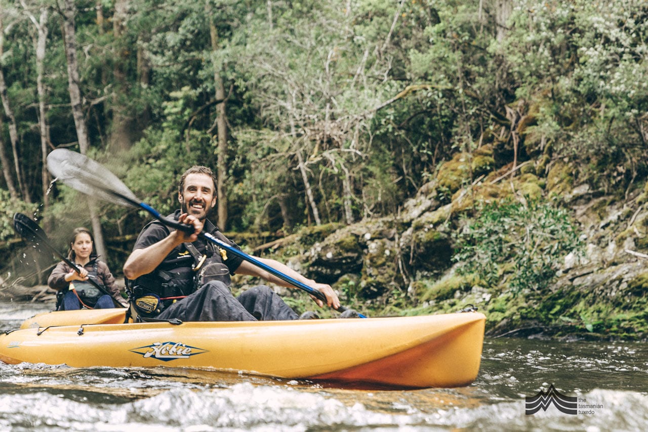 Liam from Tassie Bound kayaking down the river, Derwent Valley Tasmania