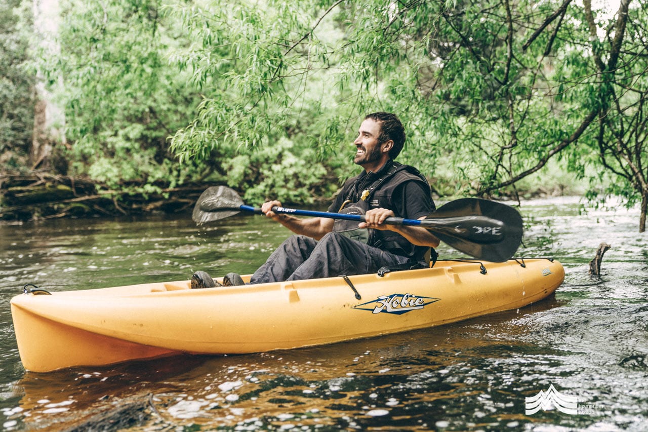 Liam from Tassie Bound Tours in Kayak on upper Derwent River